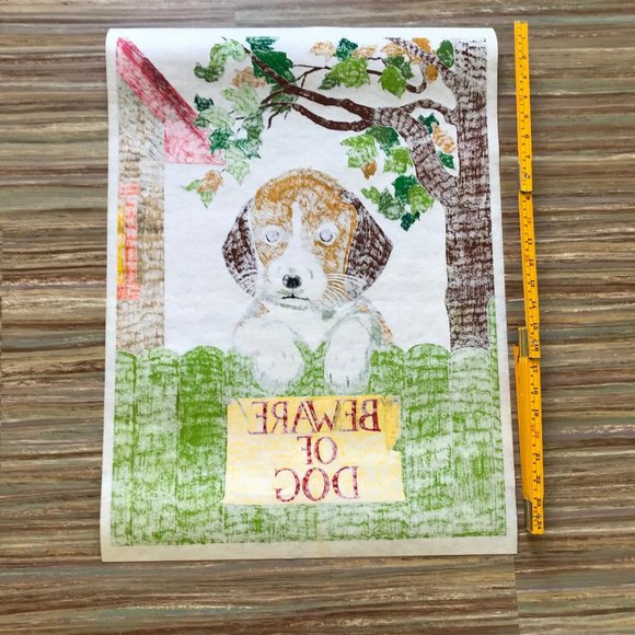 Beware of Dog Completed Wall Hanging Artex Tri-Chem Cute Puppy Painting 19x26" - Picture 3 of 3